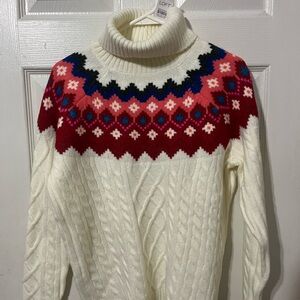 LOFT Women's Cream Sweater with Red and Blue Pattern